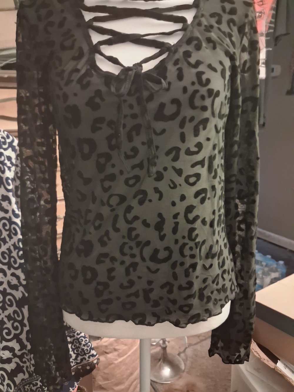 New,Tag, Leopard Print Lace-Up Flocked Effect Top,Bell Sleeves Split At Elbow M